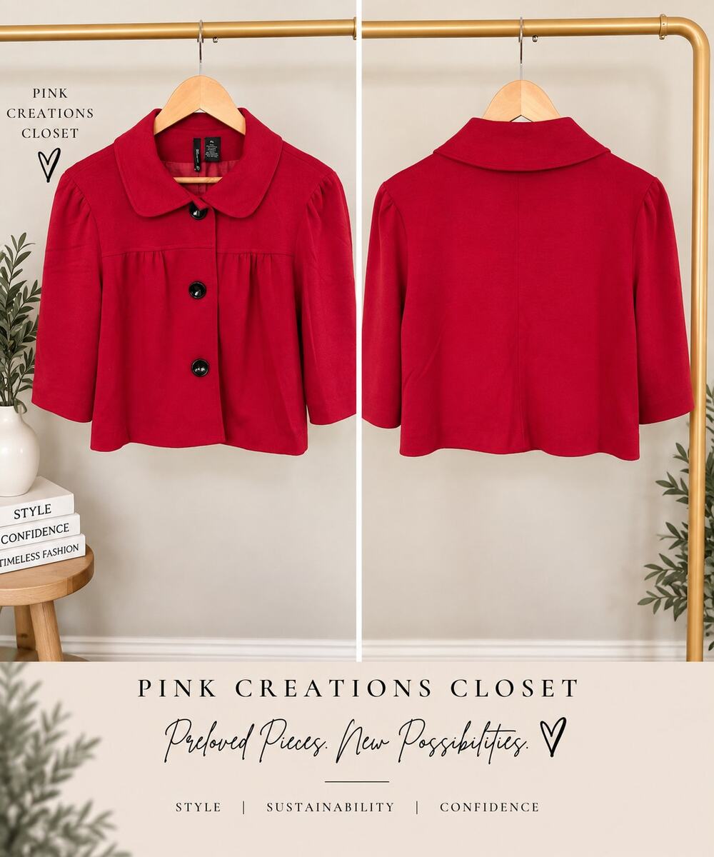 NY Collection Red Cropped Jacket 3/4 Sleeve Peter Pan Collar Size PL